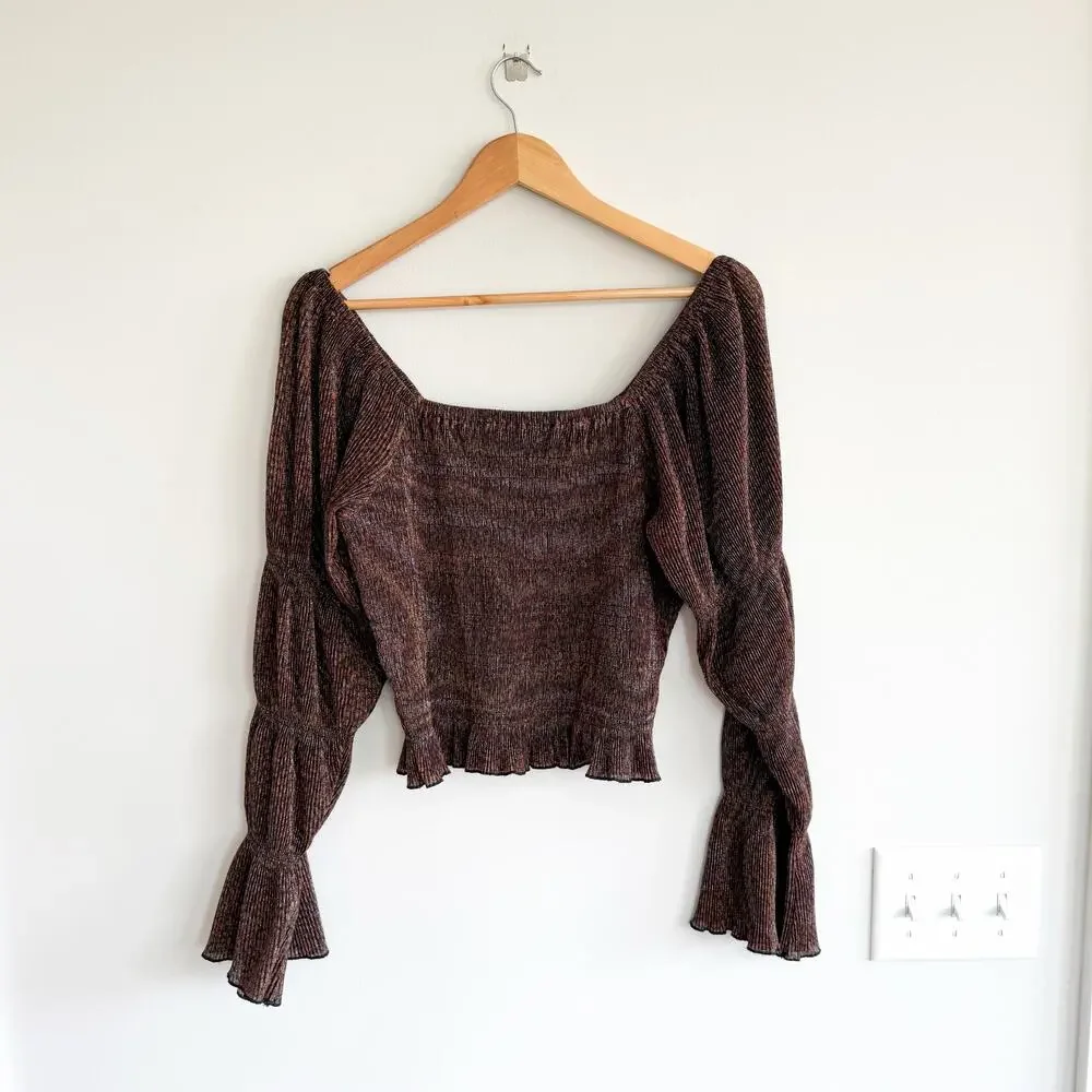 Anthropologie Bishop Smocked Metallic Shimmer Bell Sleeve Cropped Blouse Brown M